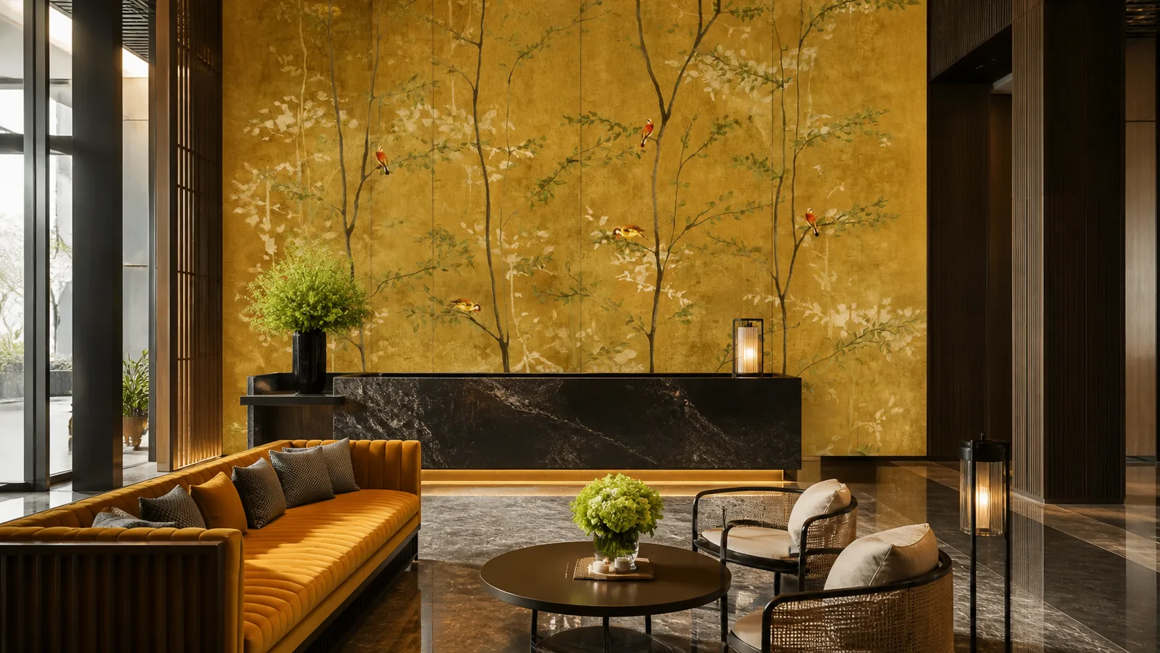 Golden botanical wallpaper in a hotel lobby