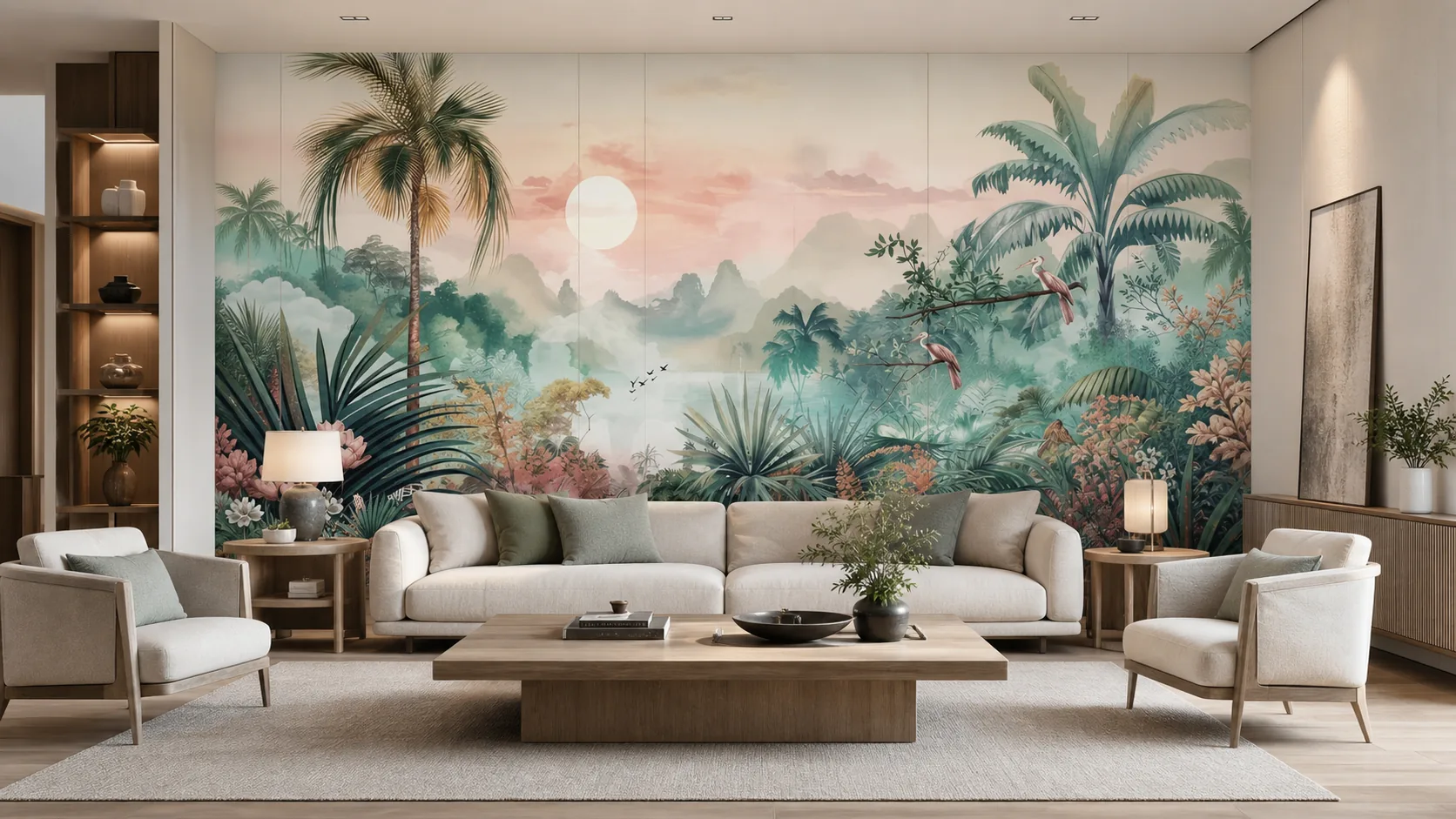 Tropical mural wallpaper in a residential living room