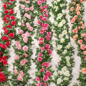 220cm Artificial Rose Garland Artificial Rose Vines Silk Flower Garland With Greenery Plants Home Office Arch Garden Decoration