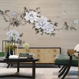 定制 3D印花 中国风 丝绸壁画壁纸 手绘 中国画风格 花卉 室内装饰 墙纸