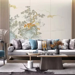 压花印花壁纸壁画 中式山水画 七彩金色勾勒 3D壁画 家居装饰壁纸