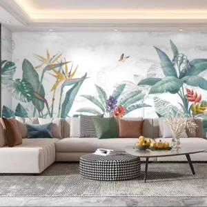 3D数码印花壁纸 景观壁画 自然风光 手绘热带植物 树叶花鸟湖壁纸壁画