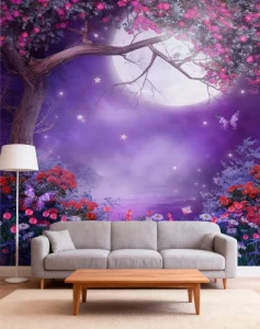 3D 18D Waterproof Modern Wallpaper Fantasy Moon Flower Tree Butterfly Purple Dreamy Mural Easy Installation Living Room Bedroom