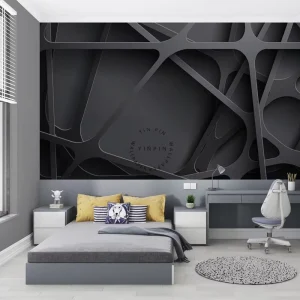 3D Black Modern Abstract Wallpaper with Geometric Framework Art Mural