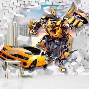 3D Breakthrough Wall Mural Vibrant Bumblebee Robot Wall Decor for Boys Bedroom Playroom Peel and Stick Option Available