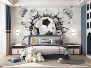 3D Broken Wall Soccer Peel and Stick Wallpaper Mural Custom Size Sports Themed Wall Decor for Boys Bedroom Game Room