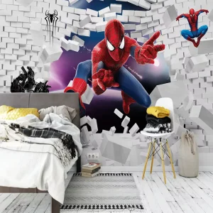 3D Broken Wall Spider Man Wallpaper Superhero Mural Modern Silk Waterproof Easy Installation for Kids Bedroom Dining & Bathroom