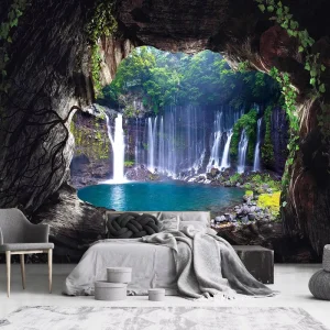 3D Cave Waterfall Natural Landscape Silk Waterproof Moisture Proof Modern Botanical Wallpaper for Bedroom Living Room