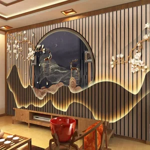 3D Chinese Wall Paper Living Room and Tea Room Wall Decoration Wooden Grilles Deer Mountain Mural Wallpaper