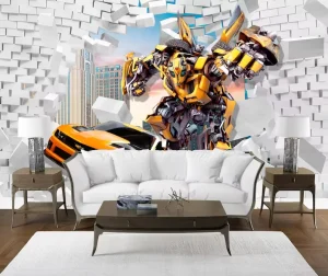 3D Cityscape Transformers Wall Mural Waterproof Peel and Stick Wall Decor Kids Playroom Nursery Hotel Kids Suite Easy to Clean