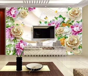 3D Diamond Studded Gold Rose & Peony Wallpaper Mural Modern Peel Stick Silk Wallpapers for Elegant Dining Bedroom Spaces