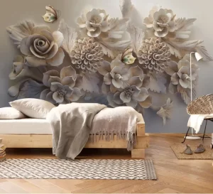 3D Embossed Beige Floral Peel Stick Wallpaper Modern Luxury Relief Wall Mural for Living Room