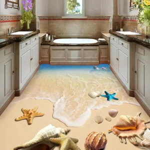 3D Floor Wallpaper Waterproof for Bathroom Beautiful Seascape Beach Waves Shell Wall Mural