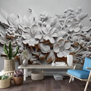 3D Floral Gypsum Sculpture Relief Wall Paper for Living Room