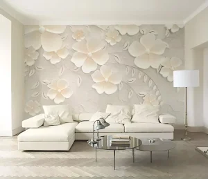3D Floral Pattern Wall Decor Mural with Textured Cream Design Wallpaper Wall Panels
