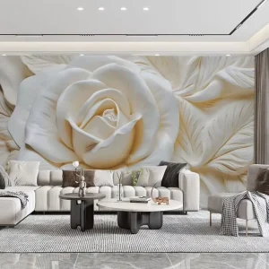 3D Floral Waterproof Wall Paper Bedroom Living Room Wall Decoration Milky White Rose Flower Embossed Mural Wallpaper Easy