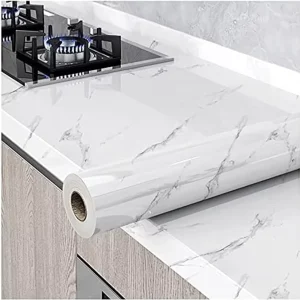 3D Glossy White Marble Wallpaper Granite Peel and Stick Self Adhesive Removable Waterproof Countertop Paper for Kitchen Cabinet