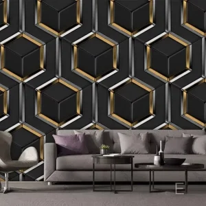 3D Gold Three-dimensional Wallpaper With Black and Silver Metal Decoration Geometric Hexagonal Mural