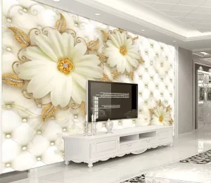 3D Luxury Golden Jewelry Flowers Soft-Wrapped Jewelry TV Background Custom Wallpaper