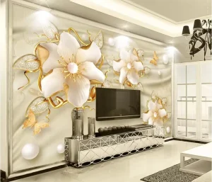 3D Luxury Golden Jewels Flower Silk Jewelry TV Background Wall Wallpaper