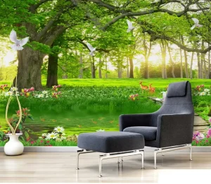 3D Nature Forest Wallpaper Home Decoration PVC Mural Self-Adhesive Deer Swan & Birds Scenic for Apartment Dining & Bedroom