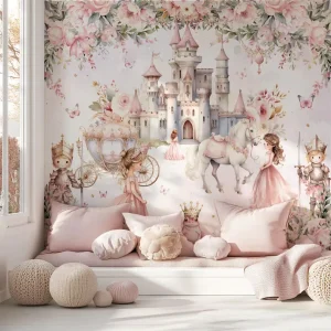 3D Print Pink Castle Cartoon Animal Waterproof Eco Friendly Kids Room Wall Paper Mural Custom Baby Nursery