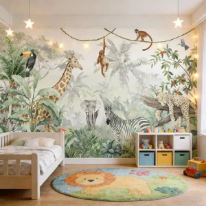 3D Safari Mural Children’s Room Wallpaper Animal Print Tropical Rainforest Bedroom Wall Decoration Non-toxic and Durable
