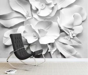 3D Stereo Relief Floral Wallpaper White Flower Butterfly Mural Stylish Wall Panels for Living Room Decor