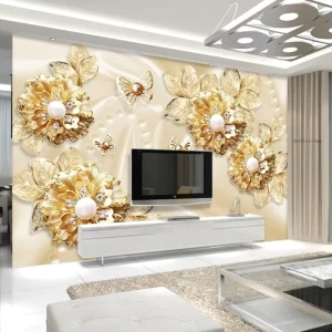 3D Three-Dimensional Luxury Golden Flower Jewelry TV Background Wall Wallpaper