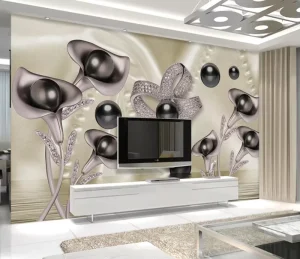 3D Water Wave Reflection TV Background Wall of Calla and Butterfly Wallpaper Flower Rock and Roll Printed Fabric
