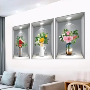 3pcs Self Adhesive Removable Fake Flowers Wall Panels Home Decoration Self Adhesive Plant Flower Decal Wall Stickers for Bedroom