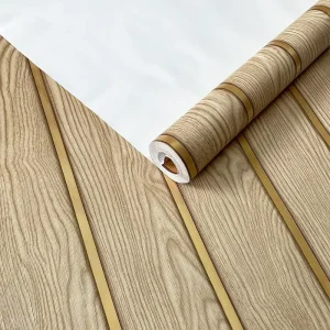 45cm X 10m Gold Stripe Wood Wallpaper Peel and Stick PVC Self Adhesive Vinyl Wall Paper for Luxury Home Decoration