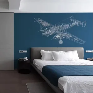 Aircraft Mechanical Blueprint Wallpaper Dark Blue Background Design Mural for Bedroom, Home, Office, Game Room Interior Wall Decor