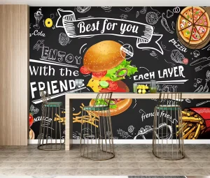 American Fast Food Doodle Peel Stick Wall Papers Hamburger Pizza Mural for Restaurant Wallpaper