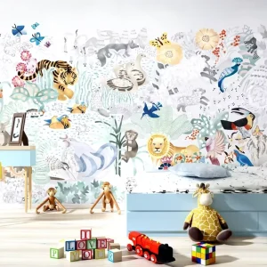 Animal Gathering Tiger Lion Butterfly Kid’s Wall Art Water Based Ink Papier Peint Mural for Baby Boy Girl Bedroom Wallpaper