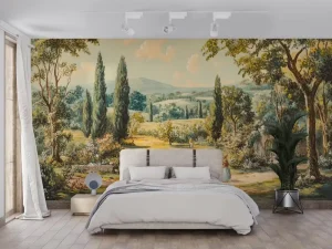 Antique European Countryside Landscape Mural Warm Toned Oil Painting Style Peel and Stick Wallpaper for Living Room Entryway