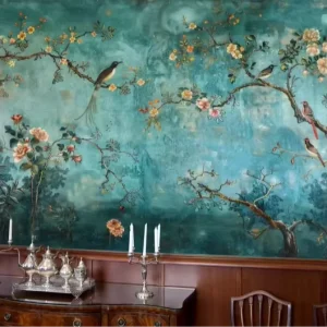 Antique Floral Wallpaper Mural Weathered Teal Background with Exotic Birds Blossoms