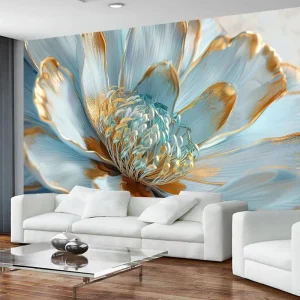 Artificial Silk Sunflower 3D Floral Wallpaper Green Gold Leaves Easy Installation for Interior Wall Mural Decoration