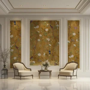 Artistic Gold Foil Paper Wall Mural for Modern Home Chinoiserie Botanical Pattern Statement Wall Decor for Living Room Bedroom