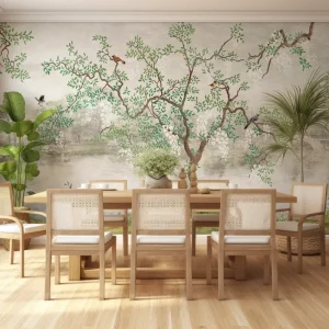 Artistic Heron Wisteria Tree Mural Paper Custom Size Waterproof Eco friendly Serene Landscape Wall Art High End Restaurant