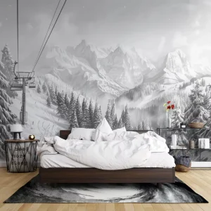 Atmospheric Snow Mountain Landscape Wallpaper Mural with Ski Lift Design for Home Bedroom Hotel Interior Wall Decoration