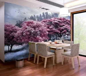 Beautiful Pink Forest Big Tree Elk Landscape Background Wall Painting Luxury Wallpaper