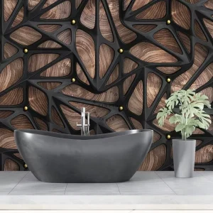Black Abstract Embossed 3D Effect Wall Art With Wood Grain Background