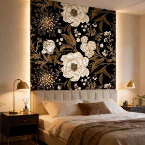 Black Background White Floral Modern Anti-static Moisture-resistant Durable Silk Bedroom Wallpaper Wall Covering