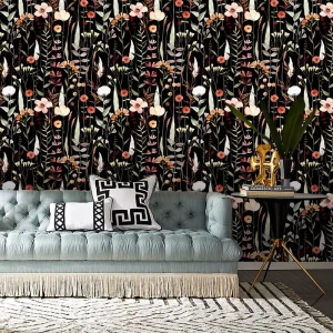 Black Floral Peel and Stick Wallpaper PVC Removable Wall Mural Dark Floral Design