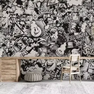 Black and White Cartoon Character Wall Decoration 3D Graffiti Peeling Wallpaper