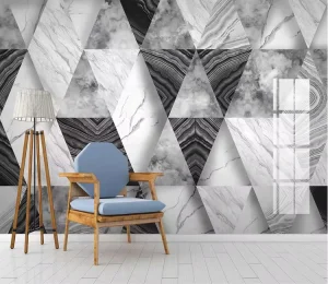 Black and White Faux Marble Tile Wallpaper Triangle Design Living Room Removable & Waterproof Wall Mural