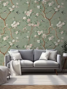 Blossom Bird Wallpaper Mural Green Botanical Print Wall Art for Home Bathroom Bedroom Interior Decor Peel and Stick Easy Apply