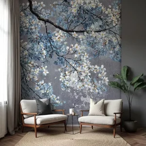 Blossom Modern Gray Fabric Textured Waterproof Mural Floral Tree Design for Living Room Bedroom Decor