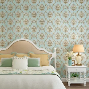 Blue 3D European Embossed Floral Nonwoven Fabric Wallpaper Bedroom Living Room Background Wall Hotel Retro French